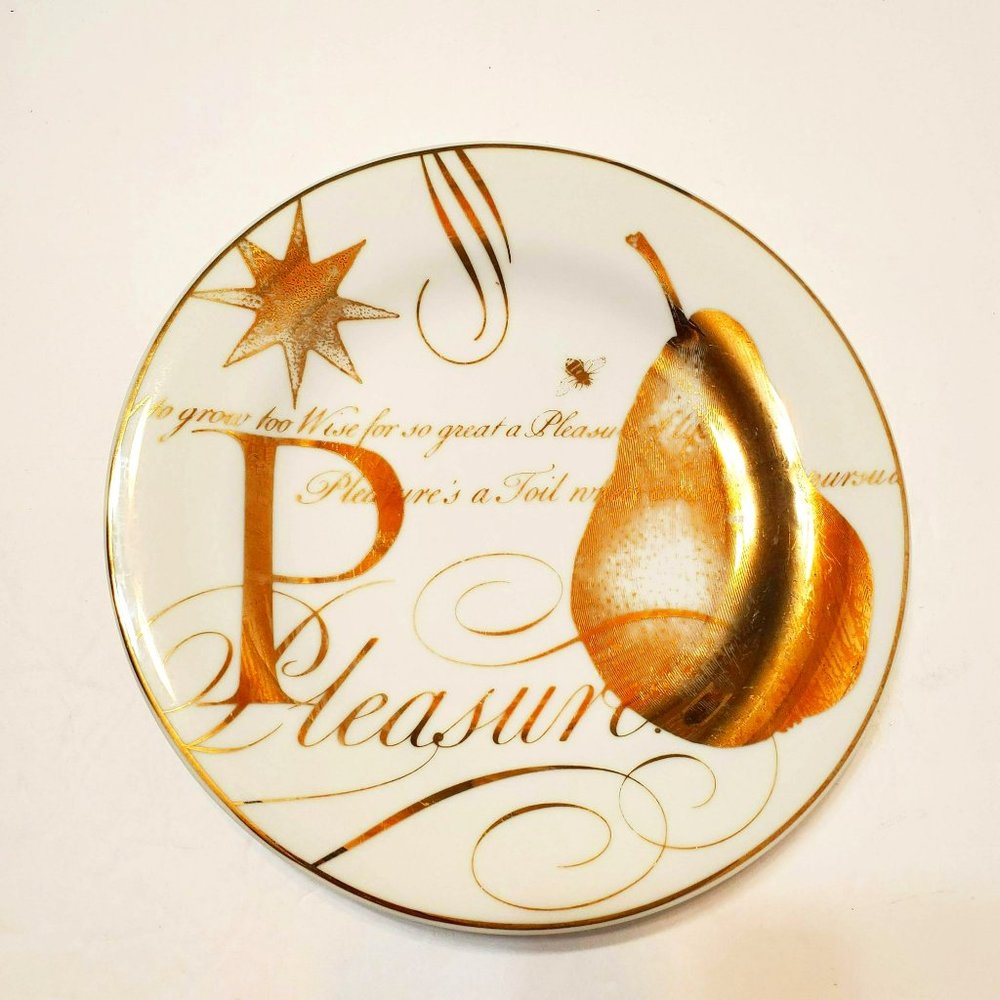 Pottery Barn Plate, Gold Lettering Pleasure, Pear Fruit, Ceramic Salad Plate